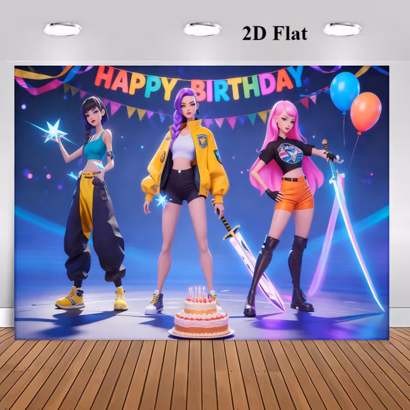 2D Plat, Vinyl 2D Plat Animatiefilm Cartoon Gelukkige Verjaardag Banner Achtergrond Geschikt voor Feesten